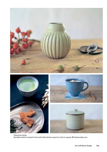 Pottery and cups arranged on a wooden table in Ishigaki