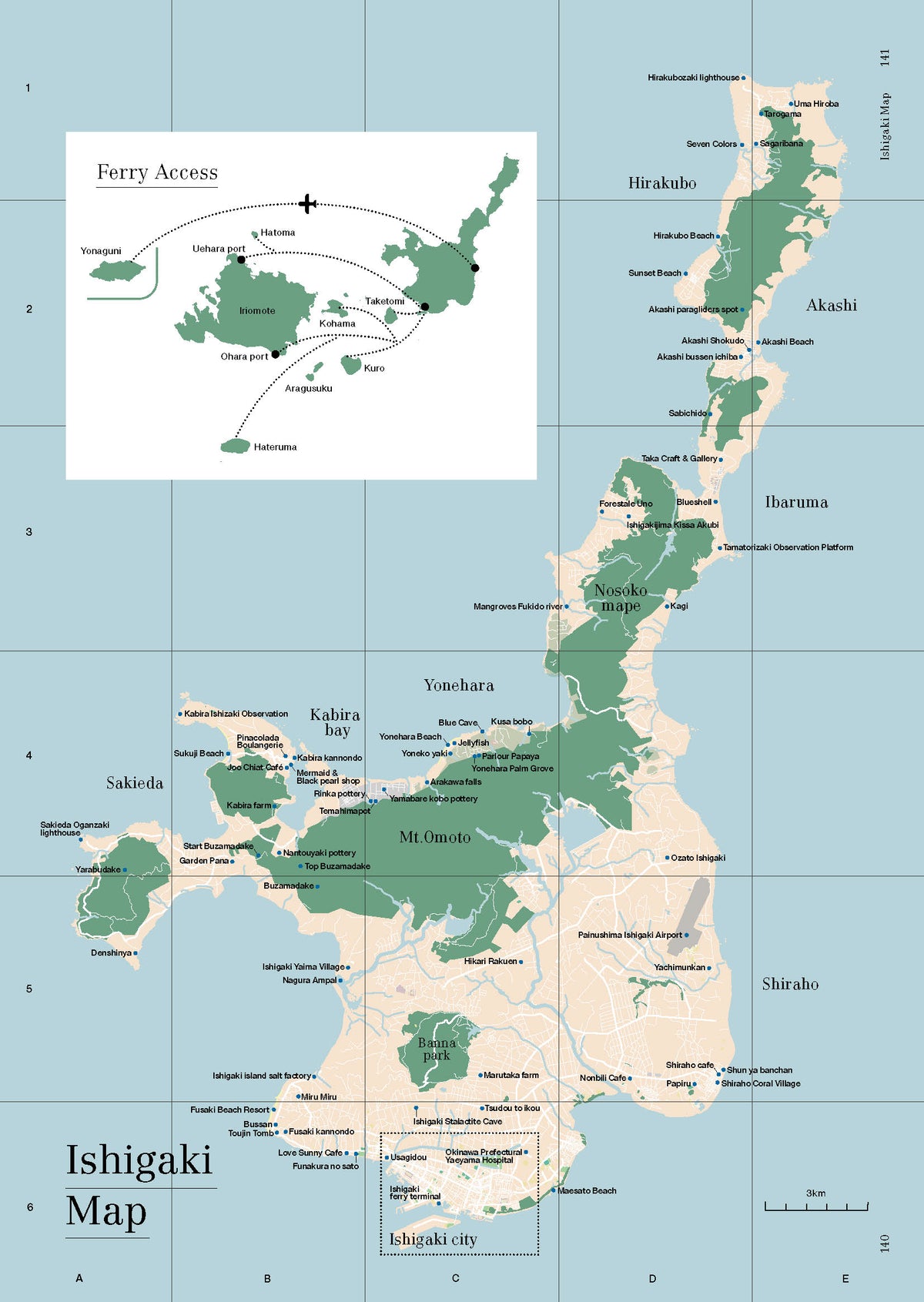 Map of Ishigaki Island and ferry access to the Yaeyama Islands