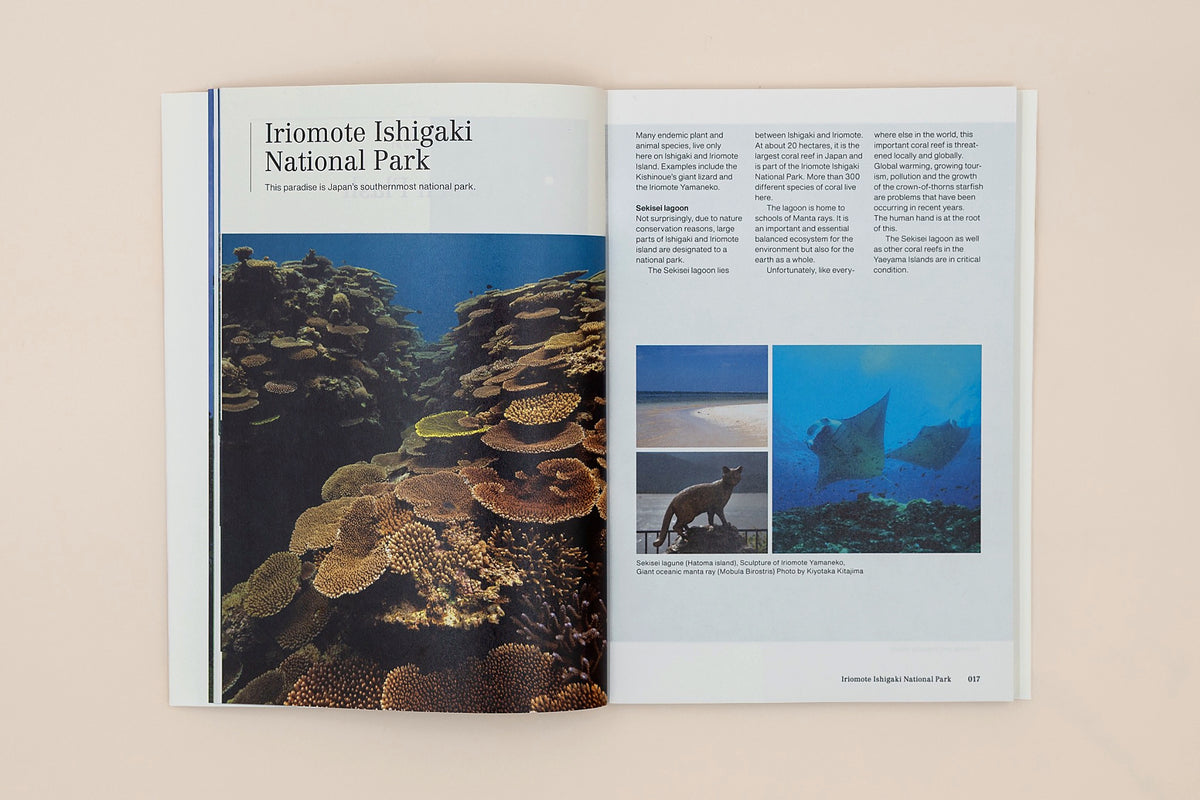 Open ISL& Natural Guides: Ishigaki at the Iriomote Ishigaki National Park spread, with coral reef and manta ray photographs.